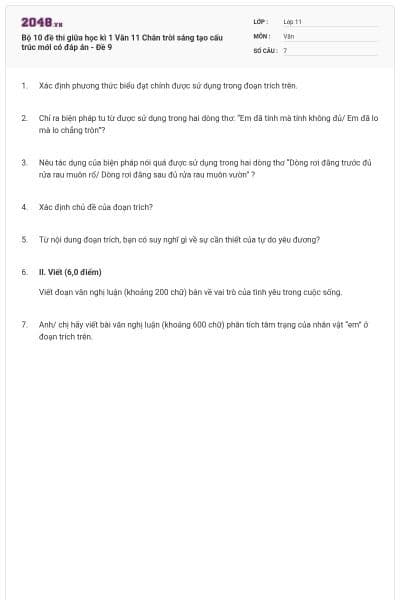 Bộ 10 đề thi giữa học kì 1 Văn 11 Chân trời sáng tạo cấu trúc mới có đáp án - Đề 9