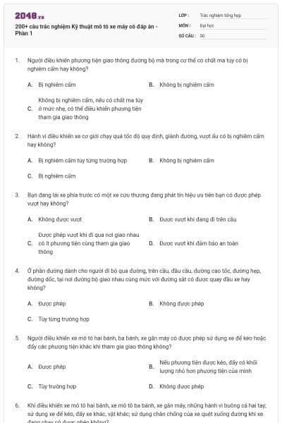 200+ câu trắc nghiệm Kỹ thuật mô tô xe máy có đáp án - Phần 1