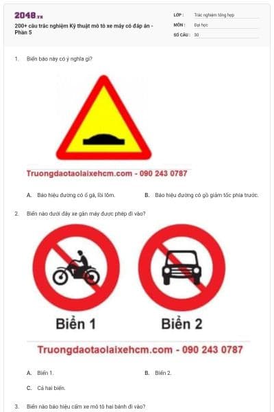 200+ câu trắc nghiệm Kỹ thuật mô tô xe máy có đáp án - Phần 5