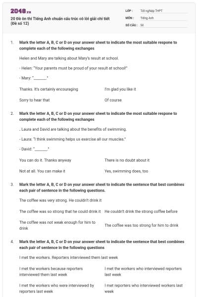 20 Đề ôn thi Tiếng Anh chuẩn cấu trúc có lời giải chi tiết (Đề số 12)