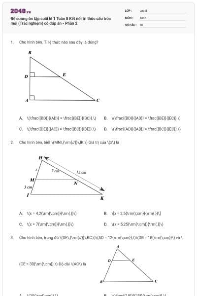 Đề cương ôn tập cuối kì 1 Toán 8 Kết nối tri thức cấu trúc mới (Trắc nghiệm) có đáp án - Phần 2