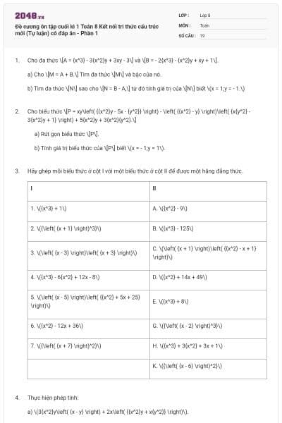 Đề cương ôn tập cuối kì 1 Toán 8 Kết nối tri thức cấu trúc mới (Tự luận) có đáp án - Phần 1