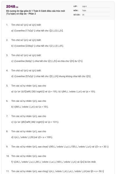 Đề cương ôn tập giữa kì 1 Toán 6 Cánh diều cấu trúc mới (Tự luận) có đáp án - Phần 2