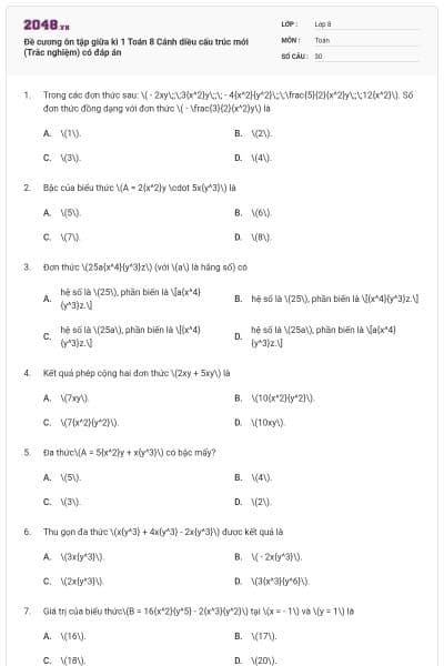 Đề cương ôn tập giữa kì 1 Toán 8 Cánh diều cấu trúc mới (Trắc nghiệm) có đáp án