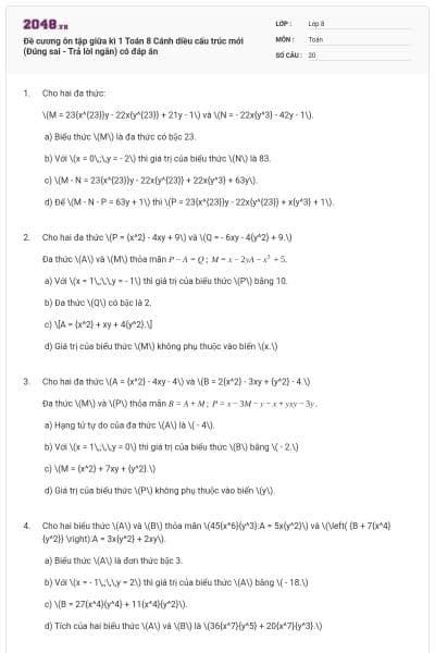 Đề cương ôn tập giữa kì 1 Toán 8 Cánh diều cấu trúc mới (Đúng sai - Trả lời ngắn) có đáp án