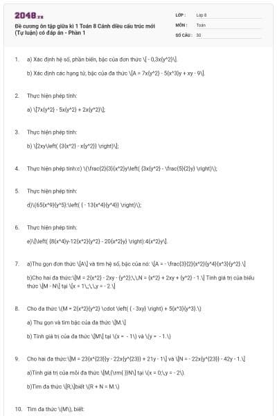 Đề cương ôn tập giữa kì 1 Toán 8 Cánh diều cấu trúc mới (Tự luận) có đáp án - Phần 1
