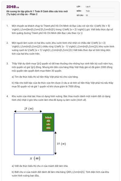 Đề cương ôn tập giữa kì 1 Toán 8 Cánh diều cấu trúc mới (Tự luận) có đáp án - Phần 2