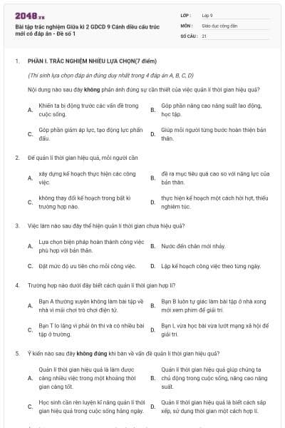 Bài tập trắc nghiệm Giữa kì 2 GDCD 9 Cánh diều cấu trúc mới có đáp án - Đề số 1