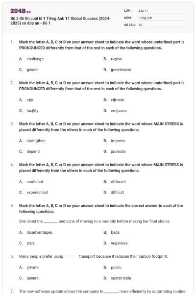 Bộ 2 đề thi cuối kì 1 Tiếng Anh 11 Global Success (2024-2025) có đáp án - Đề 1