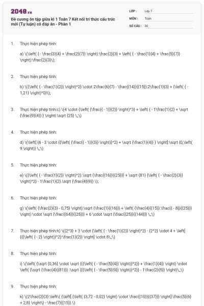 Đề cương ôn tập giữa kì 1 Toán 7 Kết nối tri thức cấu trúc mới (Tự luận) có đáp án - Phần 1