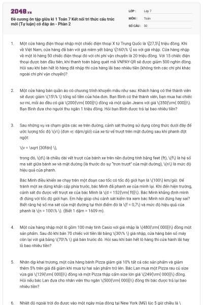 Đề cương ôn tập giữa kì 1 Toán 7 Kết nối tri thức cấu trúc mới (Tự luận) có đáp án - Phần 2