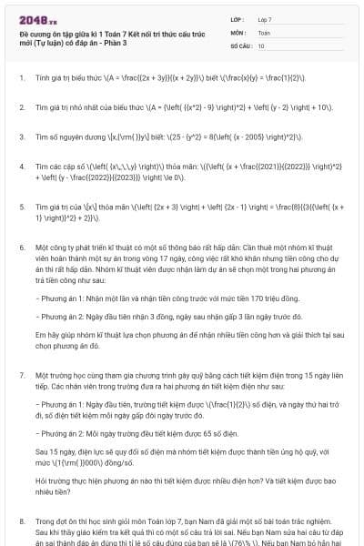 Đề cương ôn tập giữa kì 1 Toán 7 Kết nối tri thức cấu trúc mới (Tự luận) có đáp án - Phần 3