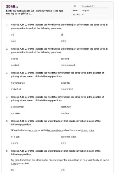 Kỳ thi thử thpt quốc gia lần 1 năm 2019 môn Tiếng Anh cực hay có lời giải(Đề 27)