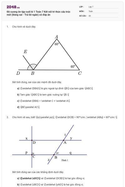Đề cương ôn tập cuối kì 1 Toán 7 Kết nối tri thức cấu trúc mới (Đúng sai - Trả lời ngắn) có đáp án