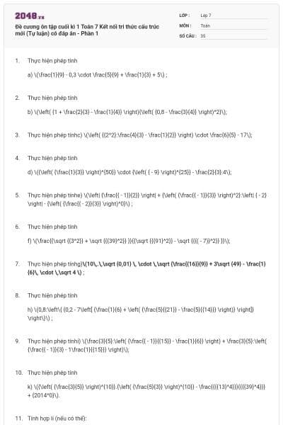 Đề cương ôn tập cuối kì 1 Toán 7 Kết nối tri thức cấu trúc mới (Tự luận) có đáp án - Phần 1