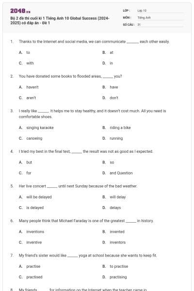 Bộ 2 đề thi cuối kì 1 Tiếng Anh 10 Global Success (2024-2025) có đáp án - Đề 1