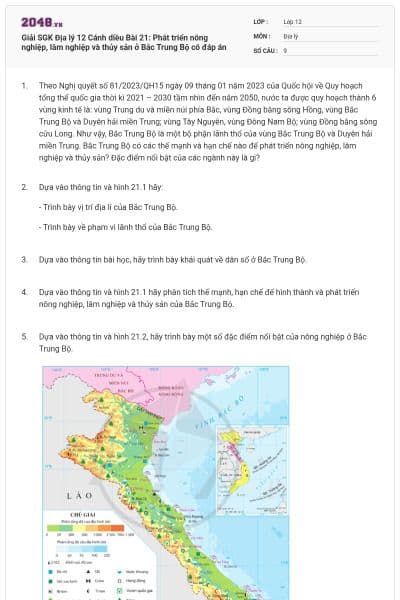 Giải SGK Địa lý 12 Cánh diều Bài 21: Phát triển nông nghiệp, lâm nghiệp và thủy sản ở Bắc Trung Bộ có đáp án