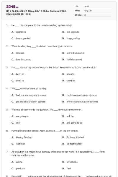 Bộ 2 đề thi cuối kì 1 Tiếng Anh 10 Global Success (2024-2025) có đáp án - Đề 2