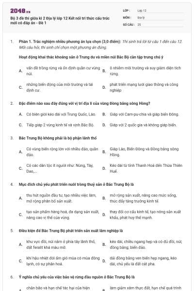 Bộ 3 đề thi giữa kì 2 Địa lý lớp 12 Kết nối tri thức cấu trúc mới có đáp án - Đề 1
