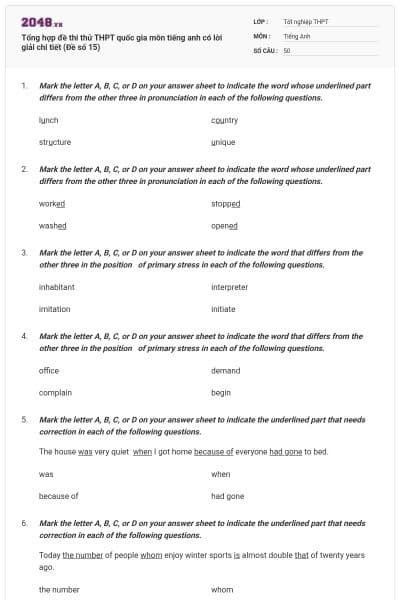 Tổng hợp đề thi thử THPT quốc gia môn tiếng anh có lời giải chi tiết (Đề số 15)