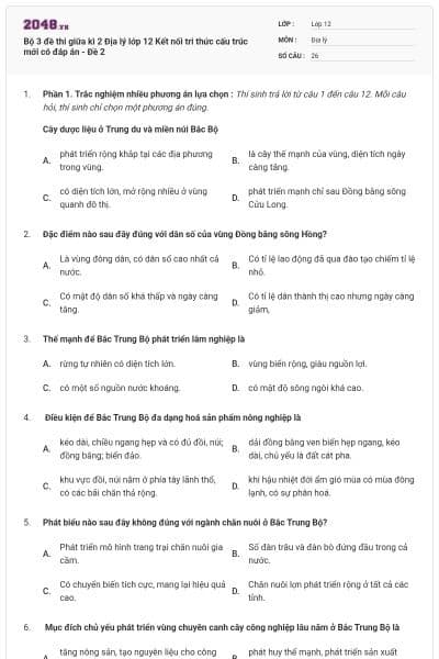 Bộ 3 đề thi giữa kì 2 Địa lý lớp 12 Kết nối tri thức cấu trúc mới có đáp án - Đề 2