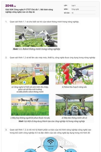 Giải SGK Công nghệ 9 CTST Chủ đề 1. Mô hình nông nghiệp công nghệ cao có đáp án