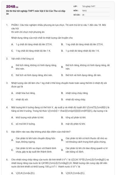 Đề thi thử tốt nghiệp THPT môn Vật lí Sở Cần Thơ có đáp án