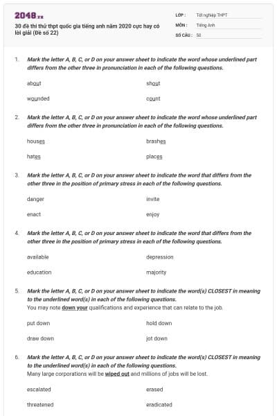 30 đề thi thử thpt quốc gia tiếng anh năm 2020 cực hay có lời giải (Đề số 22)