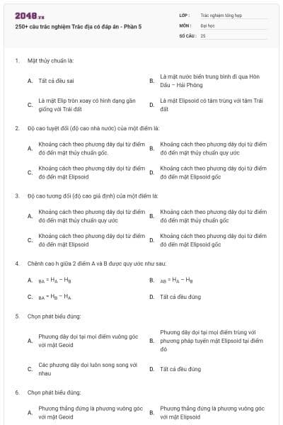 250+ câu trắc nghiệm Trắc địa có đáp án - Phần 5