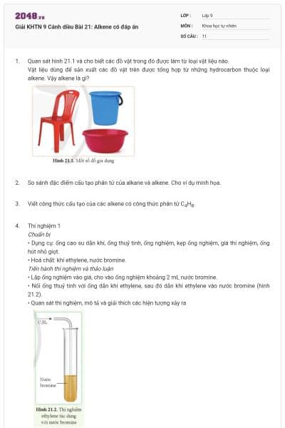 Giải KHTN 9 Cánh diều Bài 21: Alkene có đáp án