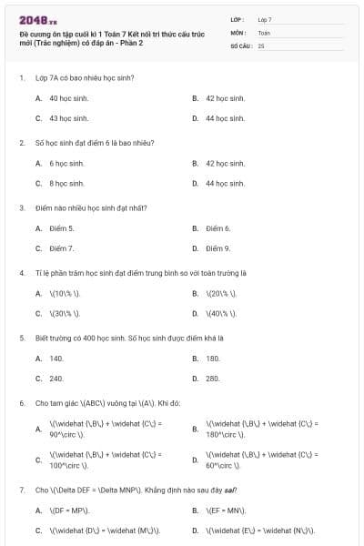 Đề cương ôn tập cuối kì 1 Toán 7 Kết nối tri thức cấu trúc mới (Trắc nghiệm) có đáp án - Phần 2