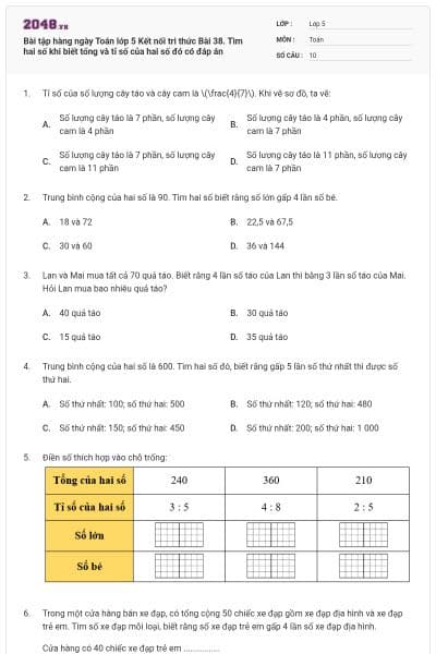 Bài tập hàng ngày Toán lớp 5 Kết nối tri thức Bài 38. Tìm hai số khi biết tổng và tỉ số của hai số đó có đáp án