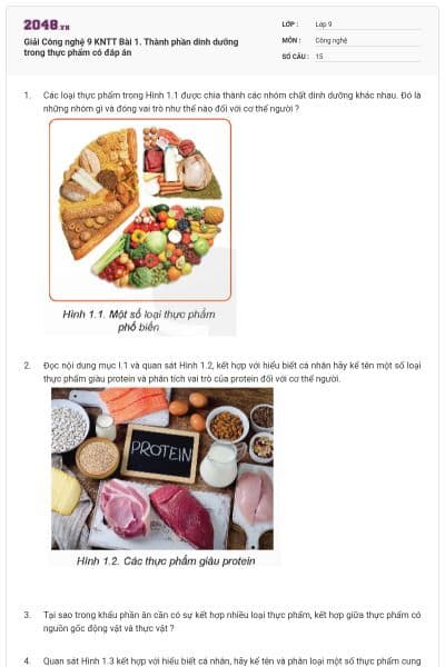 Giải Công nghệ 9 KNTT Bài 1. Thành phần dinh dưỡng trong thực phẩm có đáp án