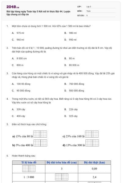 Bài tập hàng ngày Toán lớp 5 Kết nối tri thức Bài 44. Luyện tập chung có đáp án