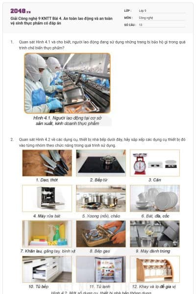 Giải Công nghệ 9 KNTT Bài 4. An toàn lao động và an toàn vệ sinh thực phẩm có đáp án