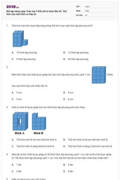 Bài tập hàng ngày Toán lớp 5 Kết nối tri thức Bài 45. Thể tích của một hình có đáp án