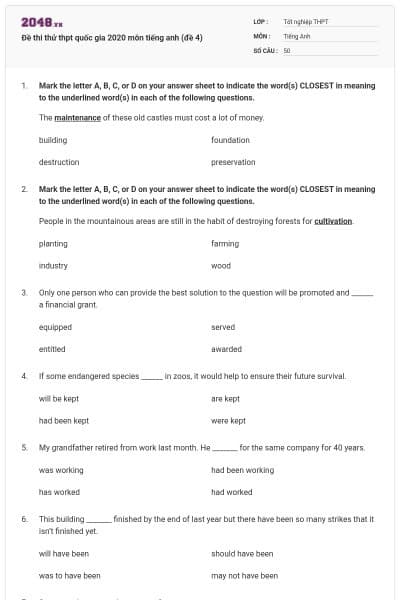 Đề thi thử thpt quốc gia 2020 môn tiếng anh (đề 4)