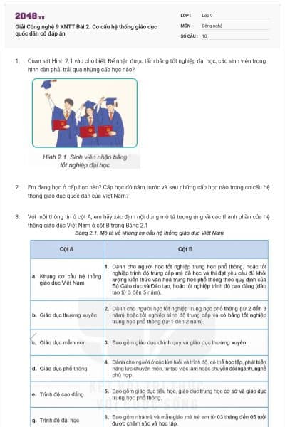 Giải Công nghệ 9 KNTT Bài 2: Cơ cấu hệ thống giáo dục quốc dân có đáp án