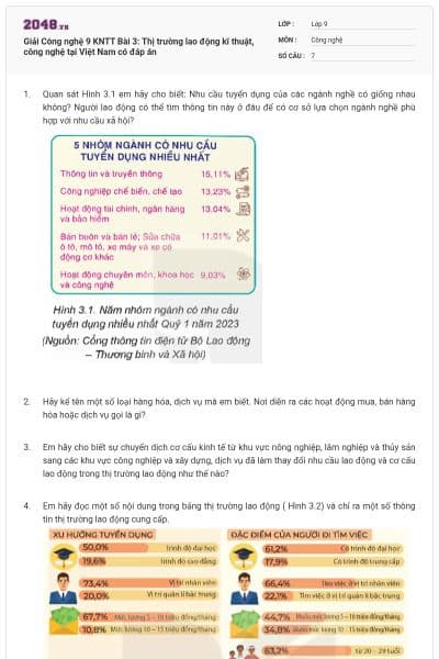 Giải Công nghệ 9 KNTT Bài 3: Thị trường lao động kĩ thuật, công nghệ tại Việt Nam có đáp án