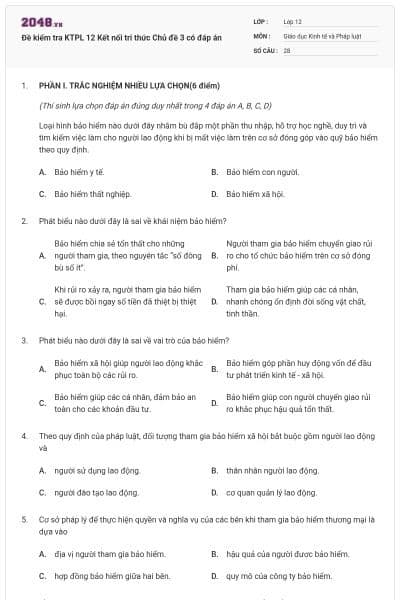 Đề kiểm tra KTPL 12 Kết nối tri thức Chủ đề 3 có đáp án