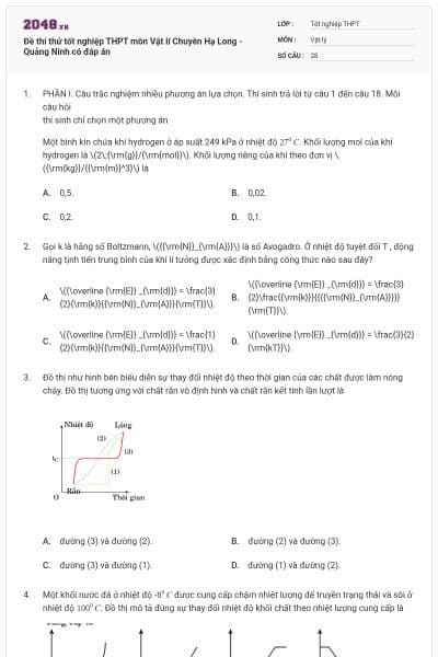 Đề thi thử tốt nghiệp THPT môn Vật lí Chuyên Hạ Long - Quảng Ninh có đáp án