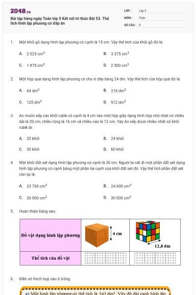 Bài tập hàng ngày Toán lớp 5 Kết nối tri thức Bài 53. Thể tích hình lập phương có đáp án