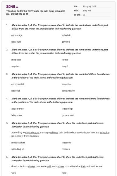 Tổng hợp đề thi thử THPT quốc gia môn tiếng anh có lời giải chi tiết (Đề số 16)