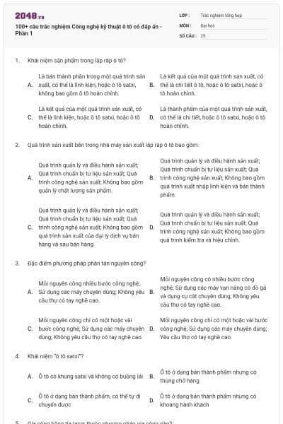 100+ câu trắc nghiệm Công nghệ kỹ thuật ô tô có đáp án - Phần 1
