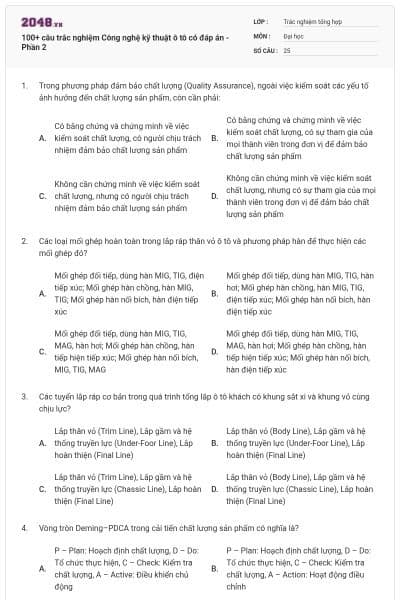 100+ câu trắc nghiệm Công nghệ kỹ thuật ô tô có đáp án - Phần 2