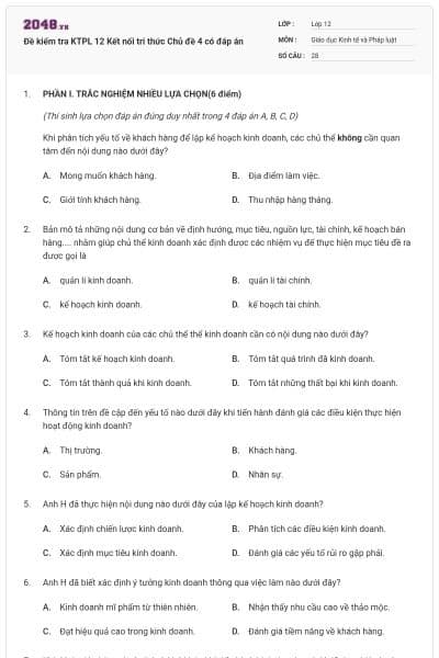 Đề kiểm tra KTPL 12 Kết nối tri thức Chủ đề 4 có đáp án