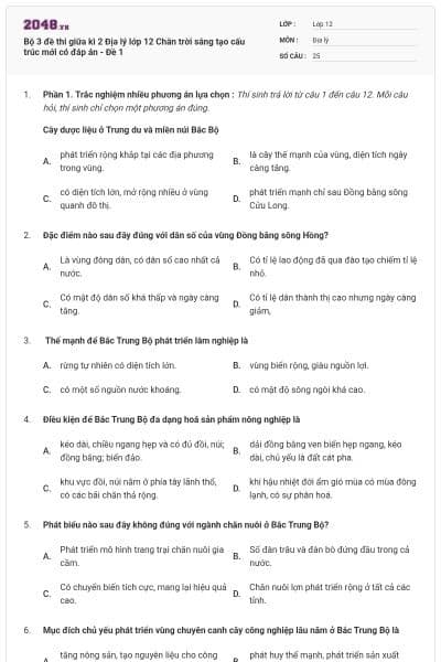 Bộ 3 đề thi giữa kì 2 Địa lý lớp 12 Chân trời sáng tạo cấu trúc mới có đáp án - Đề 1