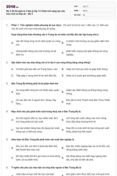 Bộ 3 đề thi giữa kì 2 Địa lý lớp 12 Chân trời sáng tạo cấu trúc mới có đáp án - Đề 3