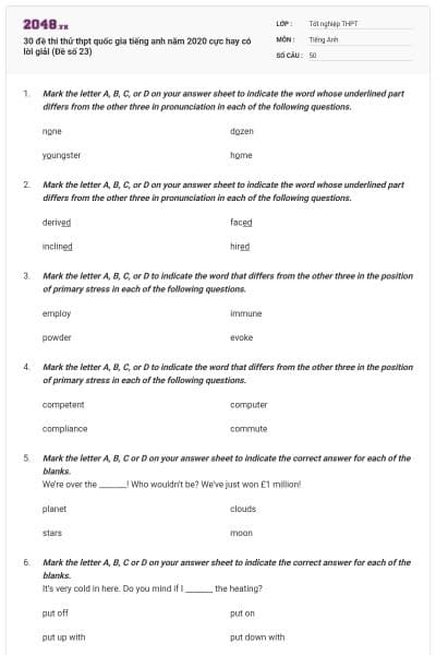 30 đề thi thử thpt quốc gia tiếng anh năm 2020 cực hay có lời giải (Đề số 23)