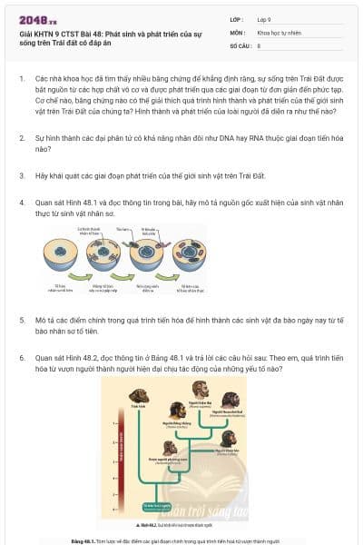 Giải KHTN 9 CTST Bài 48: Phát sinh và phát triển của sự sống trên Trái đất có đáp án